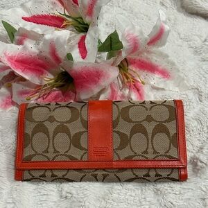 Coach Signature Monogram Canvas Orange Leather Trim Continental Wallet VG-GUC